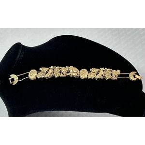 Vintage Slide Safari‎ Animals Charm Bracelet Gold Tone Metal